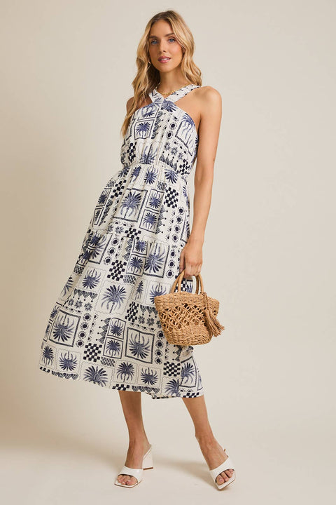 GILLI-Ivory & Navy Abstract Print Dress-Pink Dot Styles