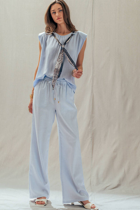 Linen Blend Wide Leg Pants Drawstring Waist: Pale Blue