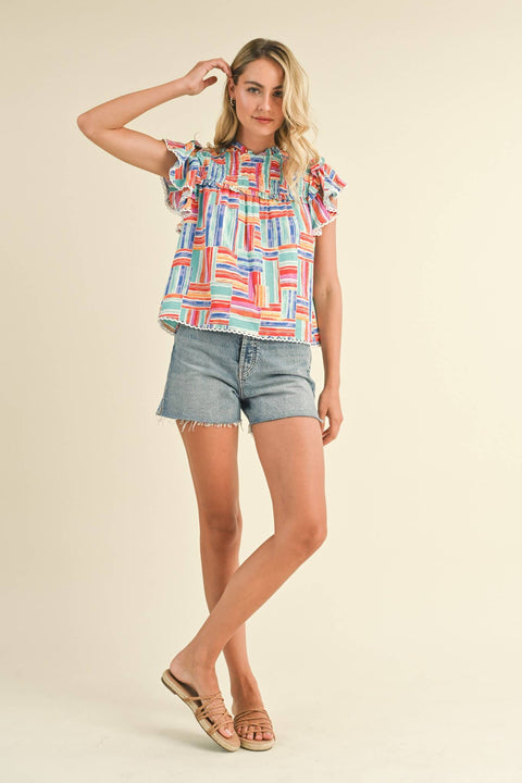 &MERCI-Multi Color Smocked Ruffle Trim Top-Pink Dot Styles