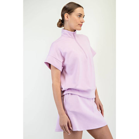 Rae Mode-Modal Scuba Quarter Zip Top: Blossom-Pink Dot Styles