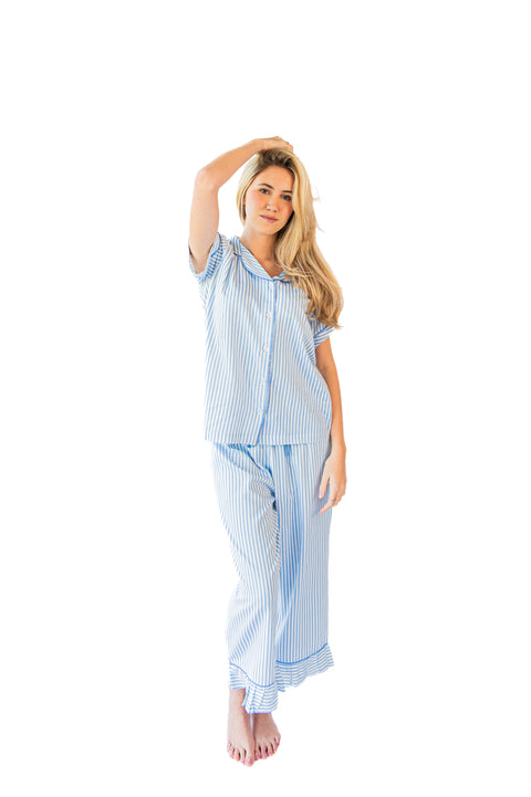 Jaye's Studio-Ticking Stripe Luxe Sateen Capri Pajama Set-Pink Dot Styles