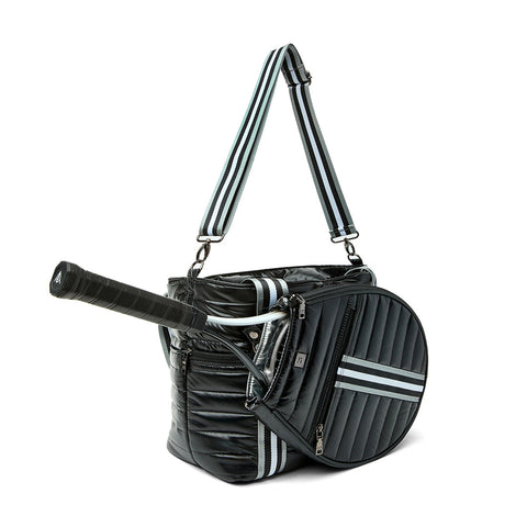 Love all Tennis Bag| Black Patent (Black/White/Gray Stripe)