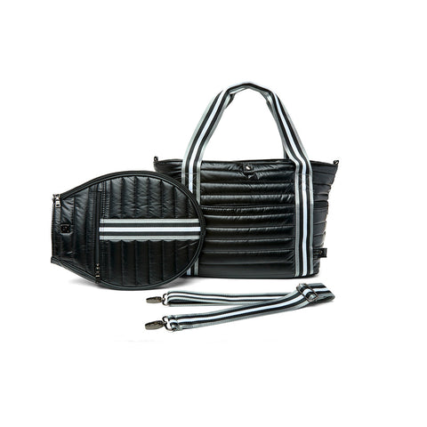 Love all Tennis Bag| Black Patent (Black/White/Gray Stripe)