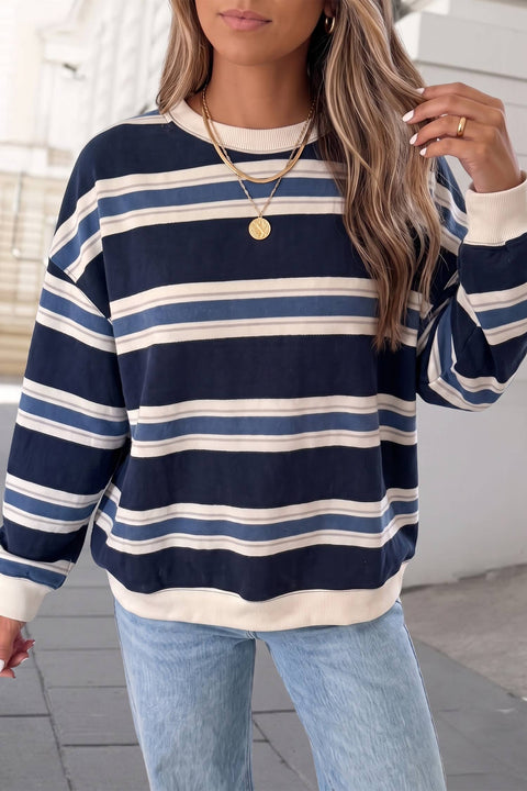 Striped Crew Neck Dropped Shoulder Sweatshirt | S-XL : Blue Stripe / M