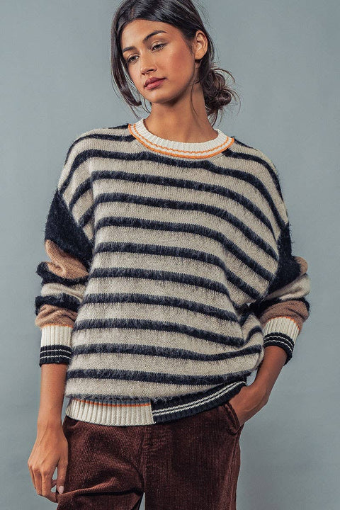 Urban Daizy-Striped Fuzzy Pullover : Multi / S-2/M-2/L-2-Pink Dot Styles