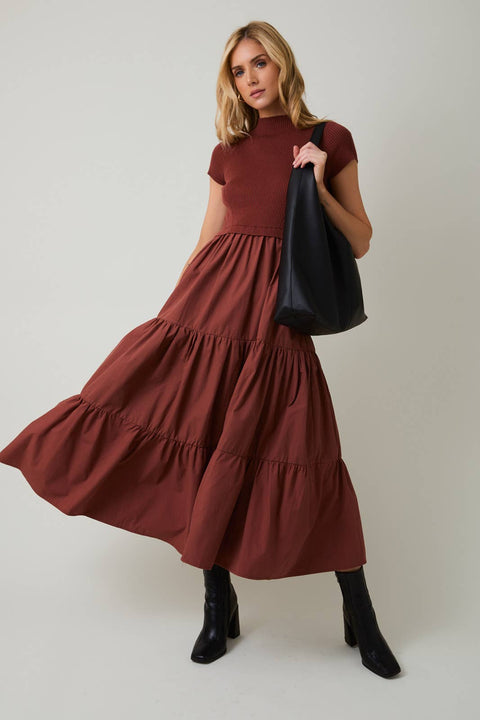 Sunday Edition by LE LIS-MOCK NECK SHORT SLEEVE KNIT & WOVEN MIX TIERED MIDI DRESS: RUST / L-Pink Dot Styles