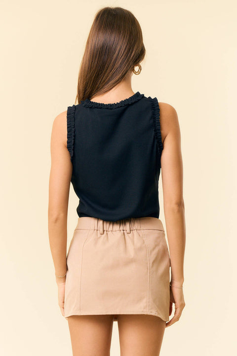 Navy Ruffle Trim Tank
