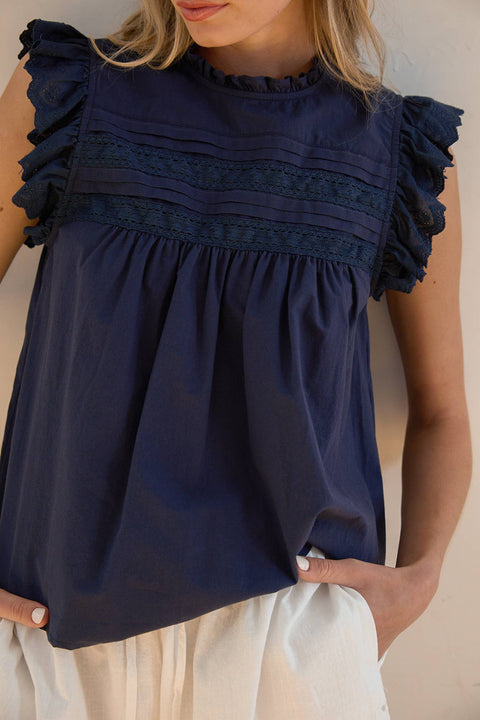 Indigo Washed Cotton Lace Panel Blouse