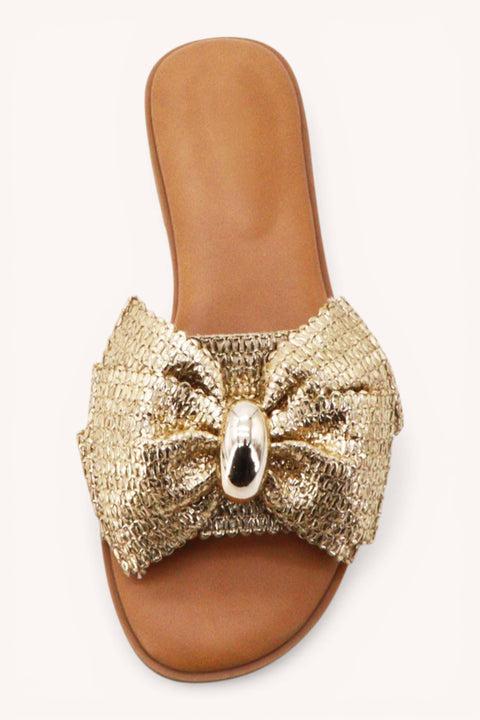 Gold Raffia Puff Bow Sandals