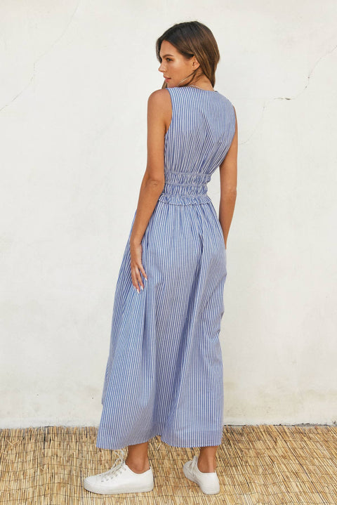 Blue & White Striped Midi Dress