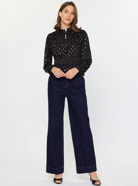 Metallic Foil Dot Peplum Top: Black-Gold