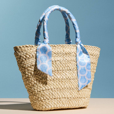 Blue Shell Raffia Bag with Scarf Handles – Woven Summer Beach &amp; Everyday Handbag: BL / ONE