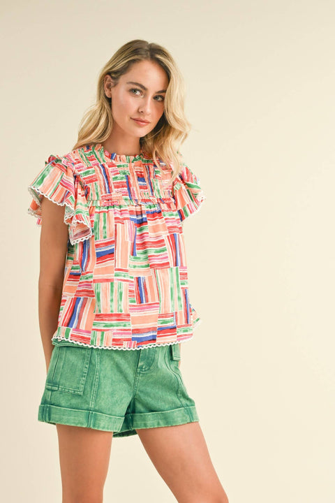 &MERCI-Multi Color Smocked Ruffle Trim Top-Pink Dot Styles