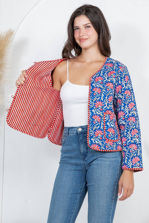 Floral Quilted Cotton Jacket - Blue