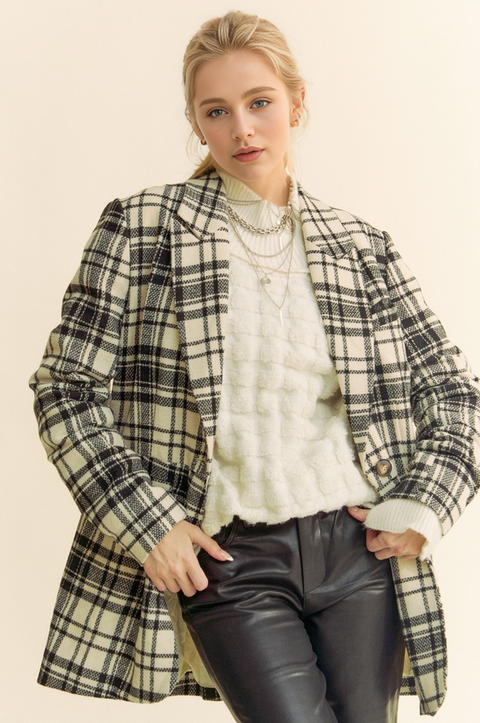 Davi & Dani-PLAID PLEATED DETAIL LONG SLEEVE BLAZER JACKET: IVORY BLACK / S-Pink Dot Styles