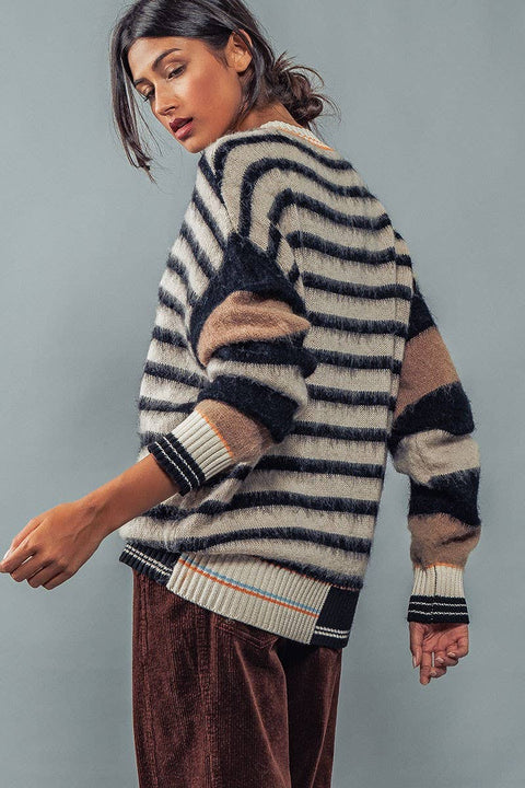 Urban Daizy-Striped Fuzzy Pullover : Multi / S-2/M-2/L-2-Pink Dot Styles