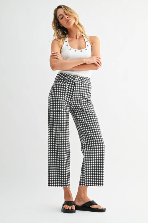 JUST BLACK DENIM-High Rise Utility Wide Leg- Black Gingham-Pink Dot Styles
