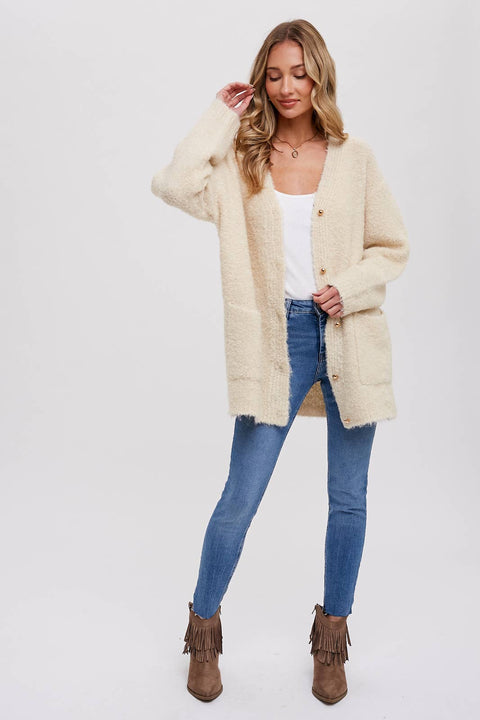 Bluivy-Silver Button Boucle Cardigan: Oatmeal-Pink Dot Styles