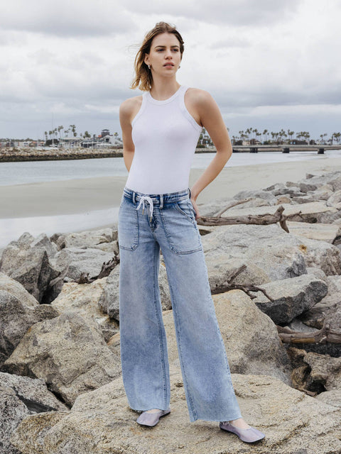 FLYING MONKEY-Wide Leg Drawstring Jeans-Pink Dot Styles