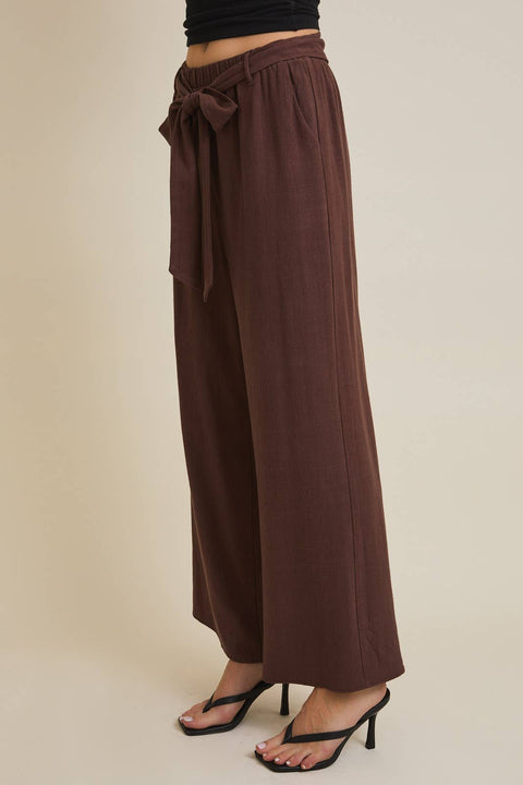 GILLI-WAIST TIE WIDE LEG PANTS: CHOCOLATE / L-Pink Dot Styles