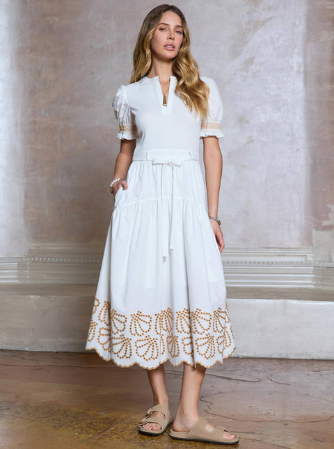 Embroidered Mix Media Midi Dress: White