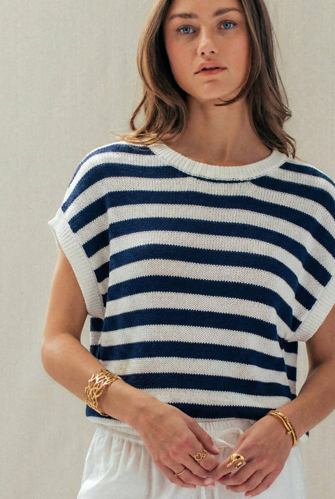 Sunlit Air Knit Top White & Navy Stripe
