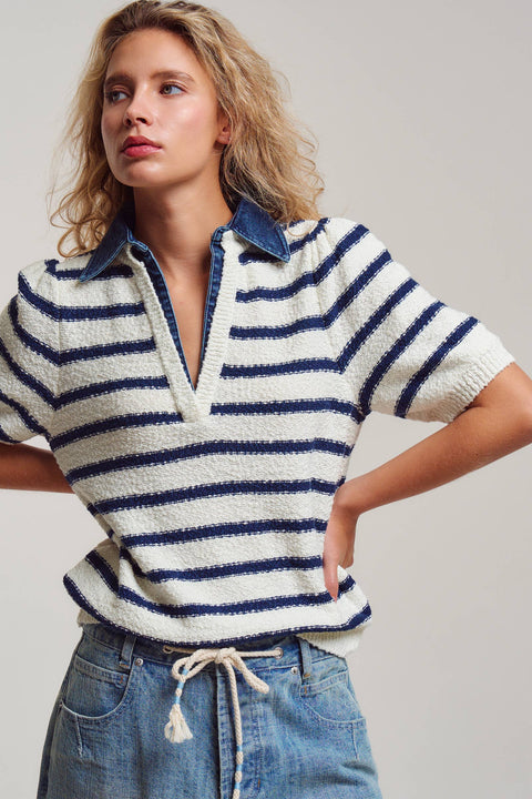 Denim Collar Striped Textured Knit Polo
