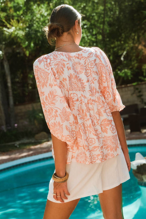 Oddi-Peach Wave Boho Blouse-Pink Dot Styles