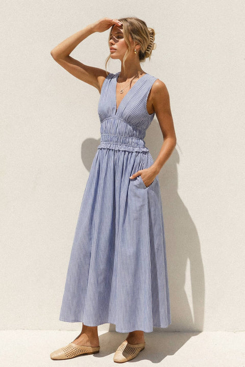 Blue & White Striped Midi Dress