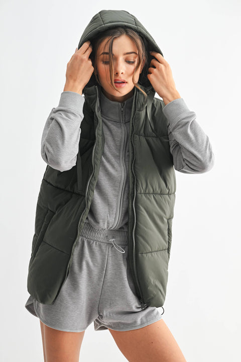 Mono B-Longline High Neck Padded Vest: OLIVE / S:M:L (1:1:1)-Pink Dot Styles