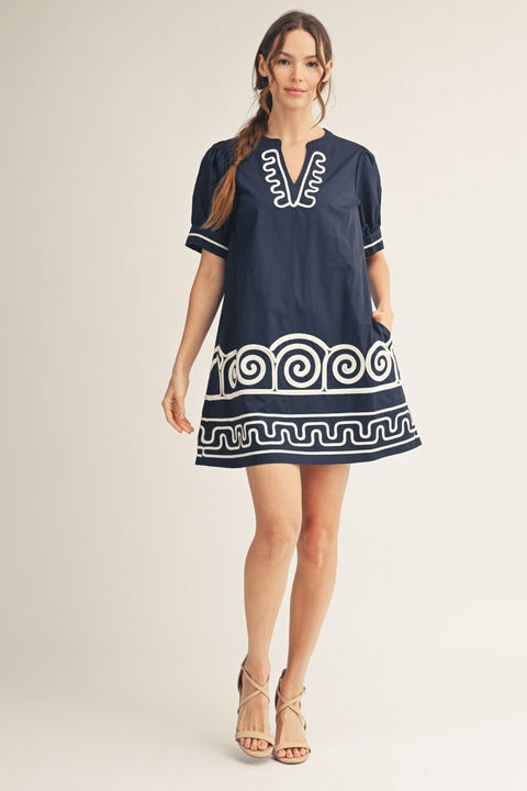 Navy Embroidered Shift Dress