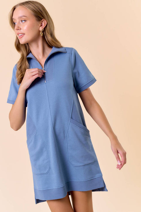 Doe and Rae-French Terry Short Sleeve Dress-Pink Dot Styles