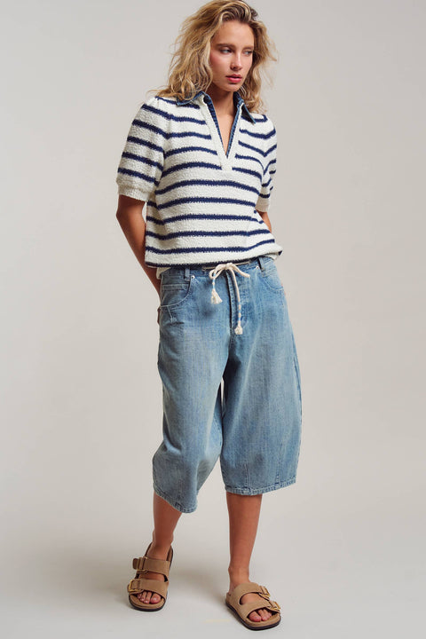 Denim Collar Striped Textured Knit Polo