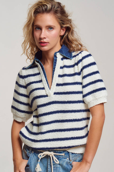 Denim Collar Striped Textured Knit Polo