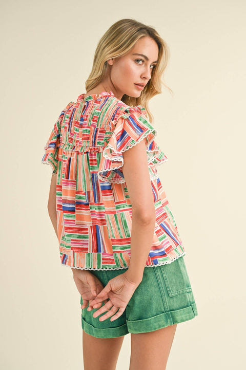 &MERCI-Multi Color Smocked Ruffle Trim Top-Pink Dot Styles