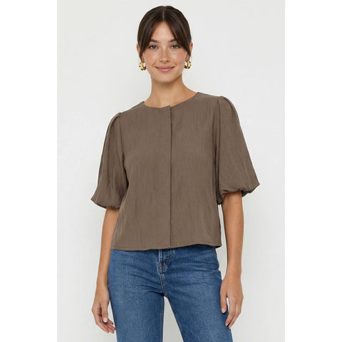 Puff Sleeve Button Up Blouse: Olive