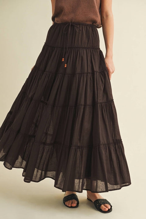 Mustard Seed-Beaded Drawstring Tiered Maxi Skirt: Chocolate-Pink Dot Styles