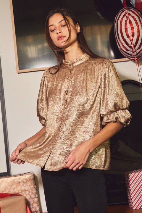 Shimmer Foiled Button Front Blouse: Champagne Gold / L
