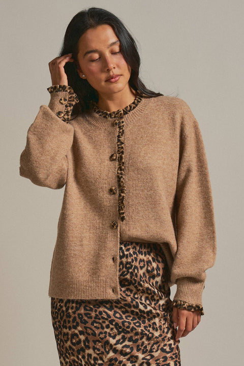 Leopard Ruffle Trim Knit Cardigan: Camel