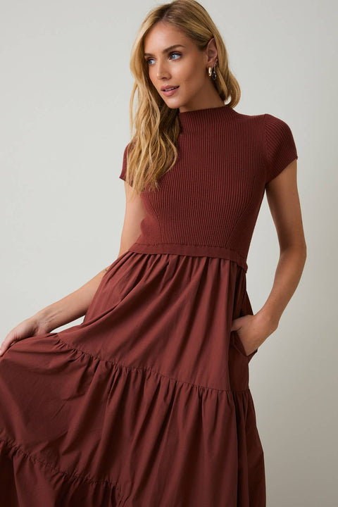 Sunday Edition by LE LIS-MOCK NECK SHORT SLEEVE KNIT & WOVEN MIX TIERED MIDI DRESS: RUST / L-Pink Dot Styles