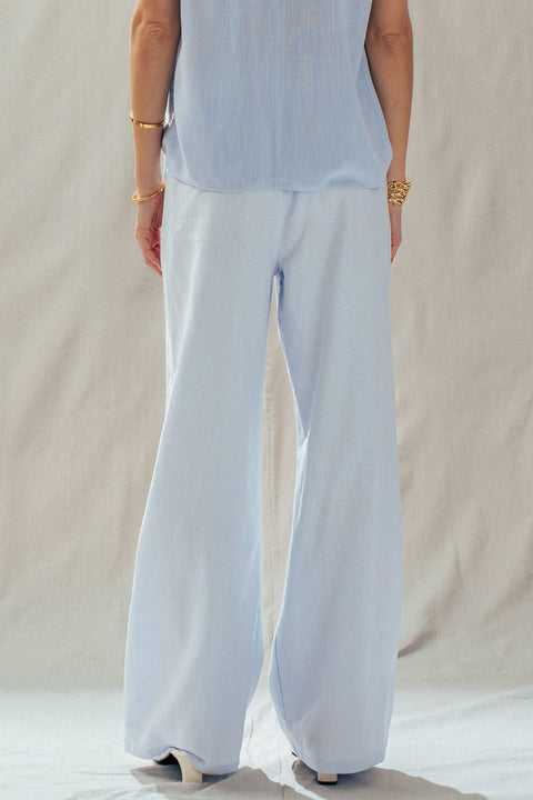 Linen Blend Wide Leg Pants Drawstring Waist: Pale Blue