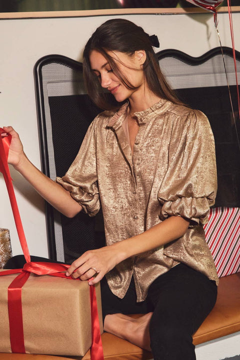 Shimmer Foiled Button Front Blouse: Champagne Gold / L
