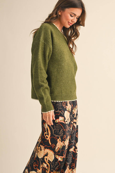 Contrast Knit Scalloped Edge Sweater
