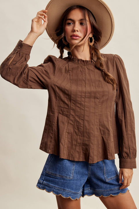 Chocolate Brown Ruffle Neck Blouse