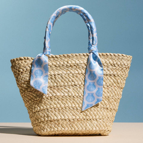 Frem-Shell Raffia Bag with Scarf Handles-Pink Dot Styles