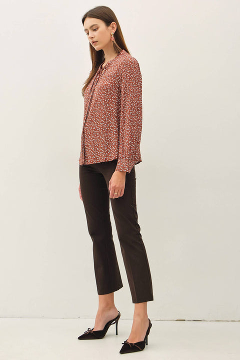 Ditsy Tie Front Collar Blouse: Terracotta