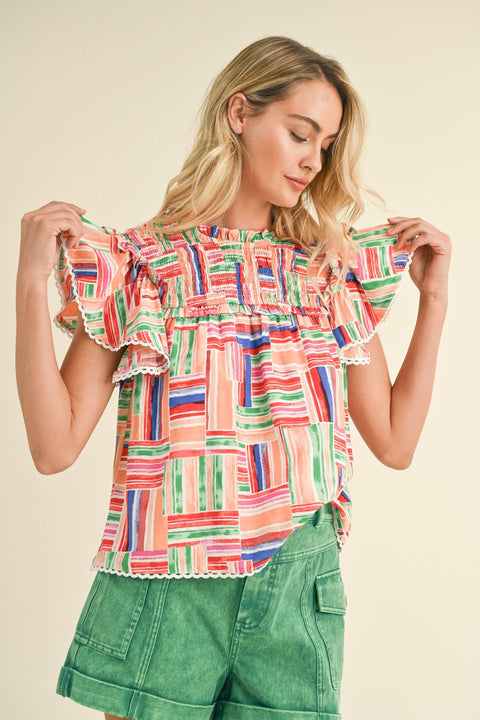 &MERCI-Multi Color Smocked Ruffle Trim Top-Pink Dot Styles