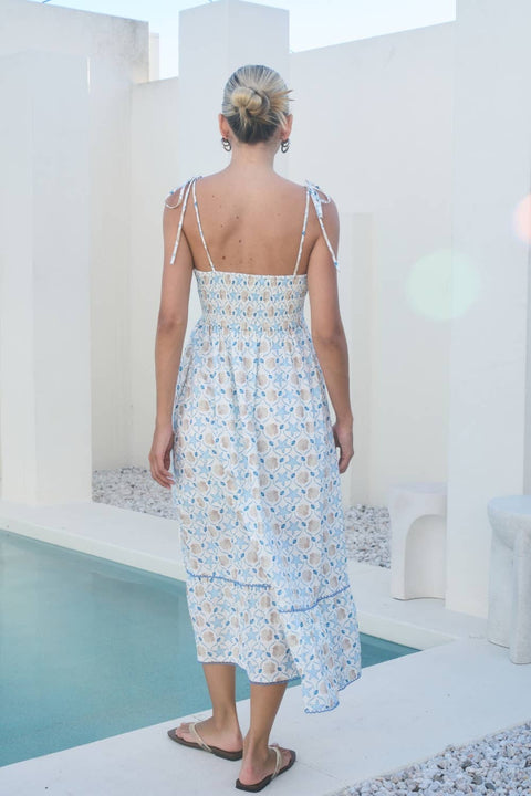 Ivory Seashell Print Tie Strap Midi Dress