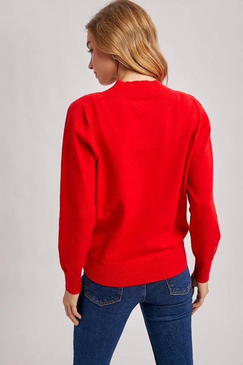 Ribbed V-Neck Knit Sweater: Ruby Red