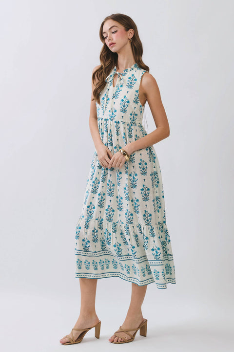 Blue & White Floral Tiered Midi Dress